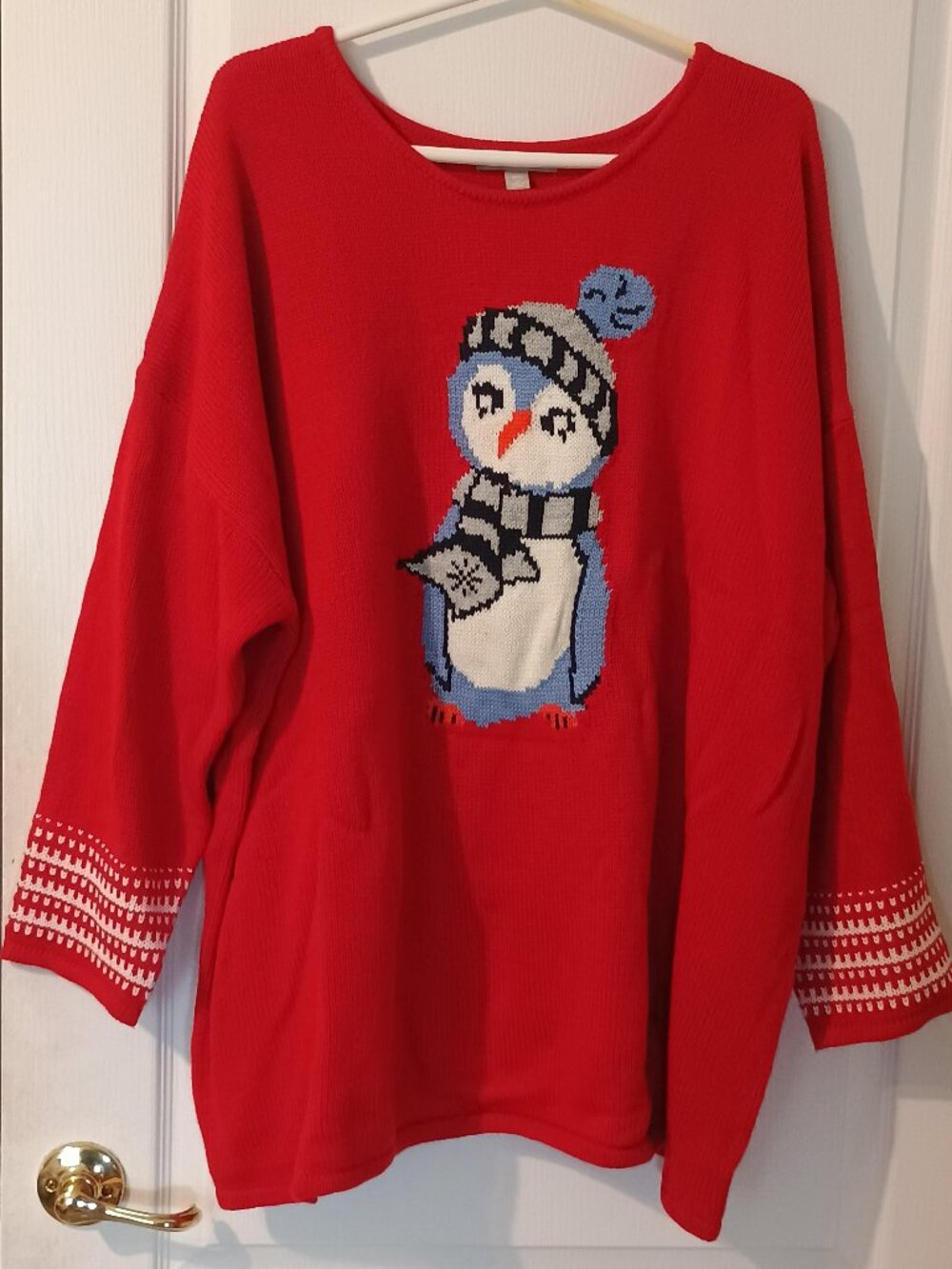 Woman Within/Sweater/Womens 3X Red Penguin Knit Crewneck Fair Isle Cozy Winter T